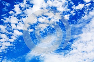 White cirrus clouds blue sky background closeup, fluffy cumulus cloud texture, cloudscape, cloudy weather, cloudiness, ozone layer