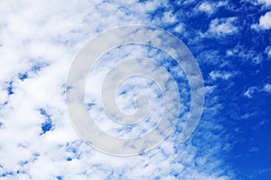 White cirrus clouds blue sky background closeup, fluffy cumulus cloud texture, cloudscape, cloudy weather, cloudiness, ozone layer