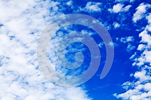 White cirrus clouds blue sky background closeup, fluffy cumulus cloud texture, cloudscape, cloudy weather, cloudiness, ozone layer