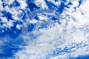 White cirrus clouds blue sky background closeup, fluffy cumulus cloud texture, cloudscape, cloudy weather, cloudiness, ozone layer