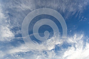 White cirrus clouds in the blue sky on a clear day in the summer. Used as a background image