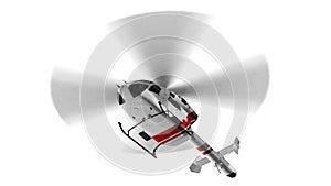 White civilian helicopter in flight isolated white background