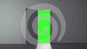 White classic design door opening to green screen, chroma key. 3d illustration