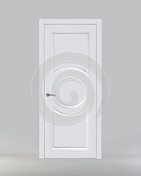 White classic interior door with a circle on a gray background. Front view. Ral 9010