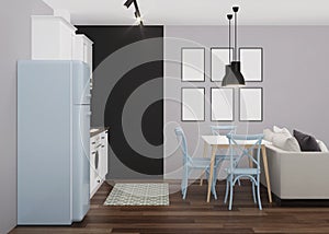 White classic kitchen interior with blue fridge and black chalk wall.