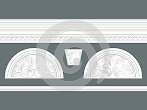 White classic relief and cornice set isolated, architectural elements set