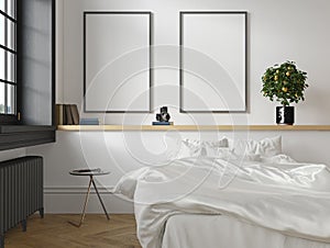 White classic scandinavian loft bedroom interior. 3d render illustration mock up.