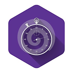 White Classic stopwatch icon isolated with long shadow. Timer icon. Chronometer sign. Purple hexagon button