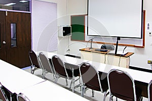 White classrooms are currently available with student desks and chairs photo