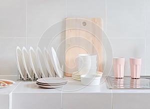 White clean counter in kitchen with utensil at home