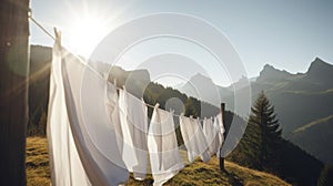 White clean sheets drying on a rope