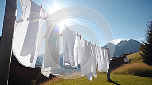 White clean sheets drying on a rope