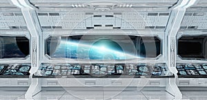 White clean spaceship interior with view on planet Earth 3D rend