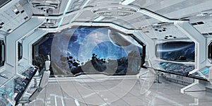 White clean spaceship interior with view on planet Earth 3D rend