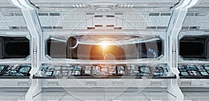White clean spaceship interior with view on planet Earth 3D rend