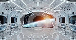 White clean spaceship interior with view on planet Earth 3D rend