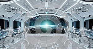 White clean spaceship interior with view on planet Earth 3D rend