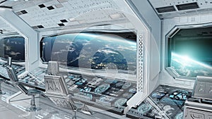 White clean spaceship interior with view on planet Earth 3D rendering