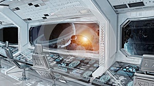 White clean spaceship interior with view on planet Earth 3D rendering