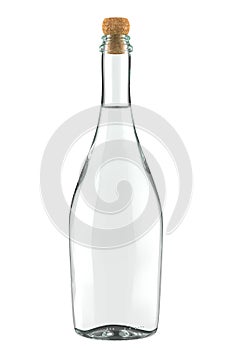 White Clear Glass Bottle of Sparkling Wine or Champagne Isolated on White Background.