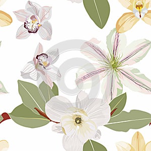 White clematis, orhid, magnolia flowers seamless pattern, branch, greenery.
