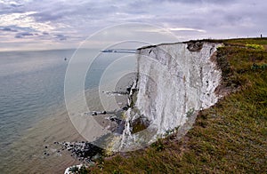 White Cliffs of Dover. Close up detailed landscape view of the cliffs from the walking path by the sea side. September 14, 2021 in