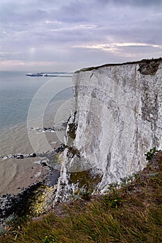 White Cliffs of Dover. Close up detailed landscape view of the cliffs from the walking path by the sea side. September 14, 2021 in