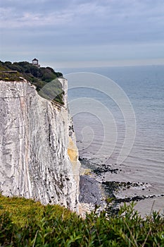 White Cliffs of Dover. Close up detailed landscape view of the cliffs from the walking path by the sea side. September 14, 2021 in