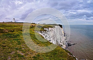 White Cliffs of Dover. Close up detailed landscape view of the cliffs from the walking path by the sea side. September 14, 2021 in