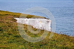 White Cliffs of Dover. Close up detailed landscape view of the cliffs from the walking path by the sea side. September 14, 2021 in