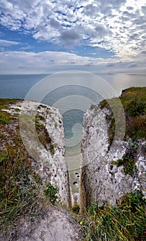 White Cliffs of Dover. Close up detailed landscape view of the cliffs from the walking path by the sea side. September 14, 2021 in