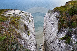 White Cliffs of Dover. Close up detailed landscape view of the cliffs from the walking path by the sea side. September 14, 2021 in