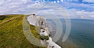 White Cliffs of Dover. Close up detailed landscape view of the cliffs from the walking path by the sea side. September 14, 2021 in