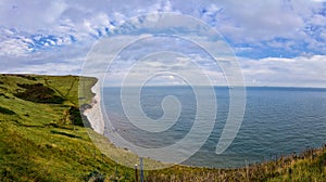 White Cliffs of Dover. Close up detailed landscape view of the cliffs from the walking path by the sea side. September 14, 2021 in