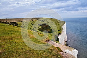 White Cliffs of Dover. Close up detailed landscape view of the cliffs from the walking path by the sea side. September 14, 2021 UK