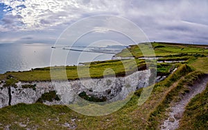 White Cliffs of Dover. Close up detailed landscape view of the cliffs from the walking path by the sea side. September 14, 2021 UK