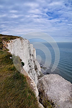 White Cliffs of Dover. Close up detailed landscape view of the cliffs from the walking path by the sea side. September 14, 2021 UK