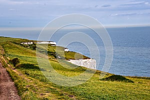 White Cliffs of Dover. Close up detailed landscape view of the cliffs from the walking path by the sea side. September 14, 2021 UK