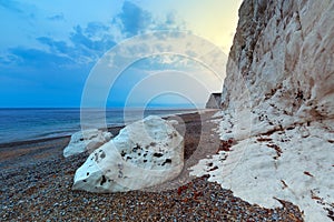 White cliffs on the Jurassic Coast of Dorset at sunset