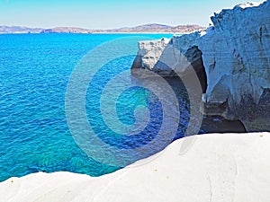 The white cliffs near Sarakiniko Beach in Milos in the Cyclades Islands of Greece