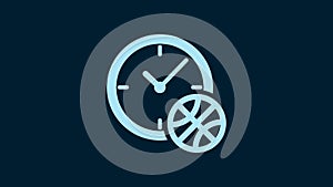 White Clock with basketball ball inside icon isolated on blue background. Basketball time. Sport and training. 4K Video