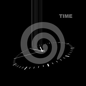 White clock on a black background with a perspective and a luminous minute arrow