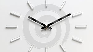 A white clock with black hands and numbers.