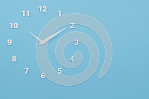 Whiteclock on blue wall background with copy space, at 10 o`clock
