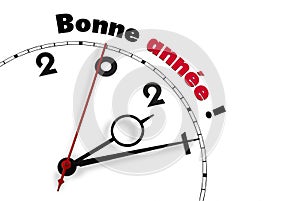 White clock with words Happy New Year in French version 2021