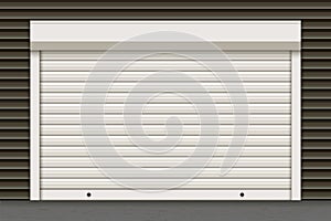 White closed roller garage shutter door with realistic texture on the dark wall