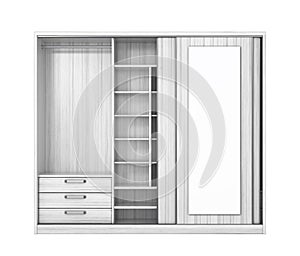 White closet with open doors. Closet compartment.