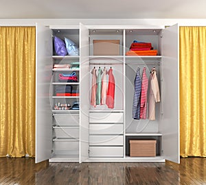 White closet with open doors in a room with yellow curtains. Clothes in the close