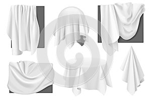 White cloth covers on objects with drapery set, 3D realistic isolated secret presentation