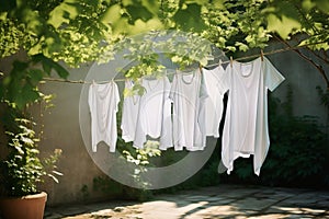 White clothes laundry hanging on the clothline in the garden on bright and sunny summer day